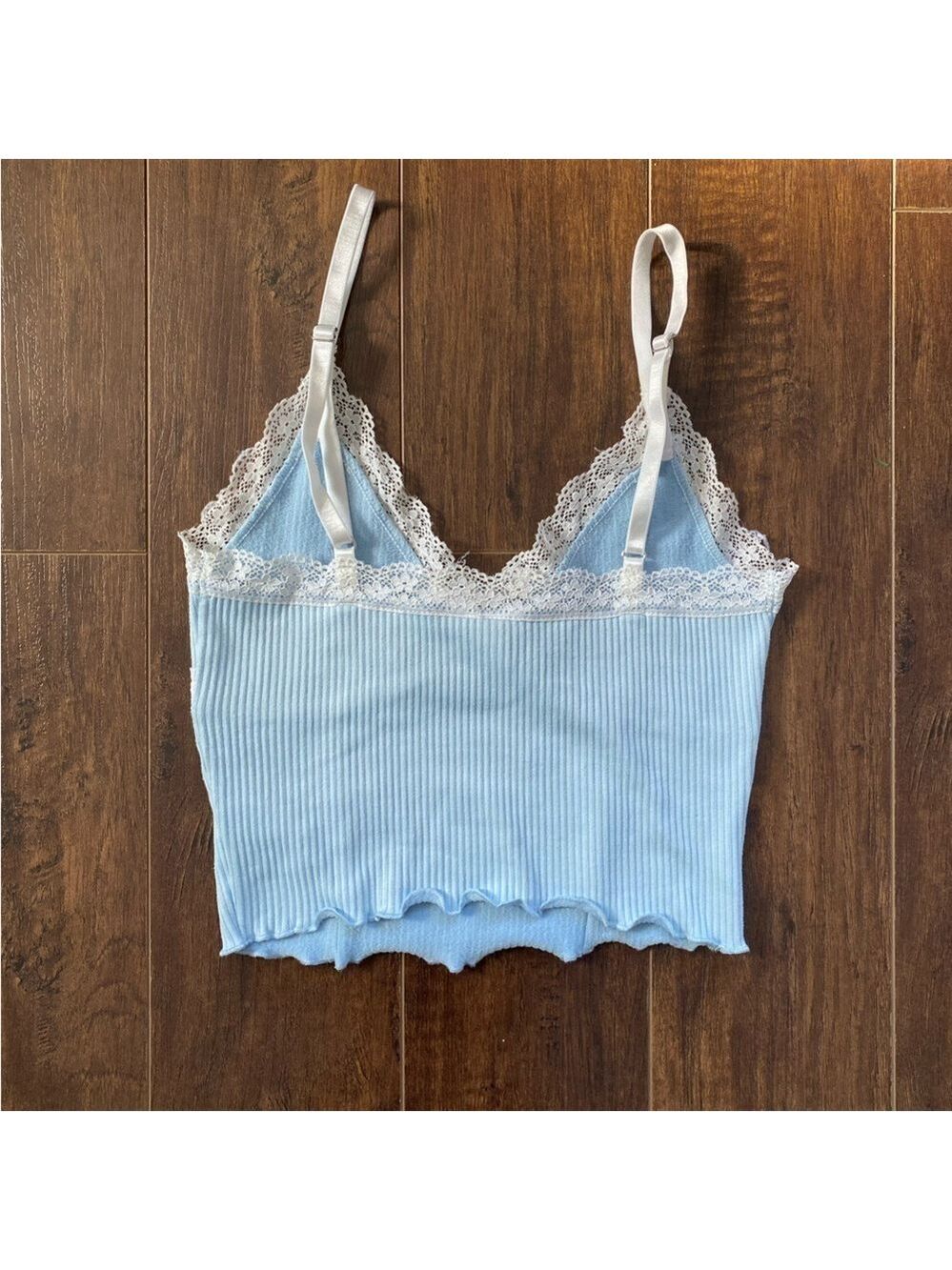 2/$10 Divided Light Blue with Off-White Lace Trim Cropped Tank Size XS - Picture 2 of 11